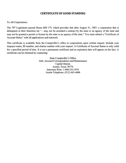 USA Texas certificate of good standing Word and PDF template